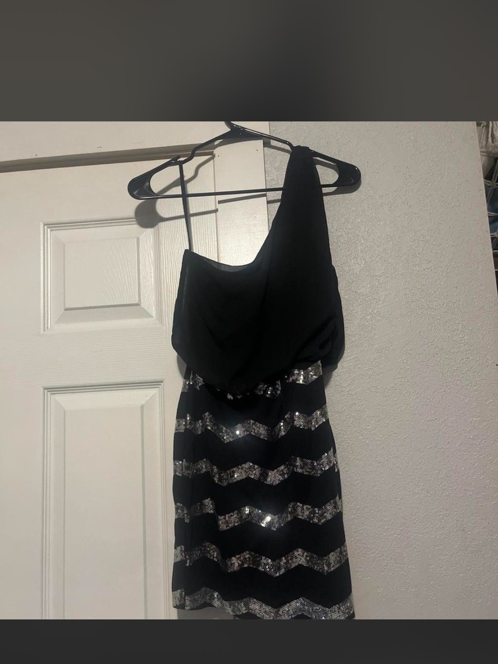 Vintage y2k Ruby Rox One-Shoulder Black Dress with Silver Sequin Chevron Stripes